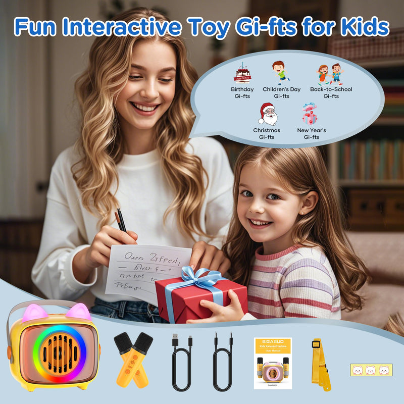 BIGASUO Karaoke Machine for Kids, Mini Portable Bluetooth Speaker with 2 Wireless Microphones and LED Lights, Kids Toys Ideal Gifts for Girls & Boys Birthday Home Party 1