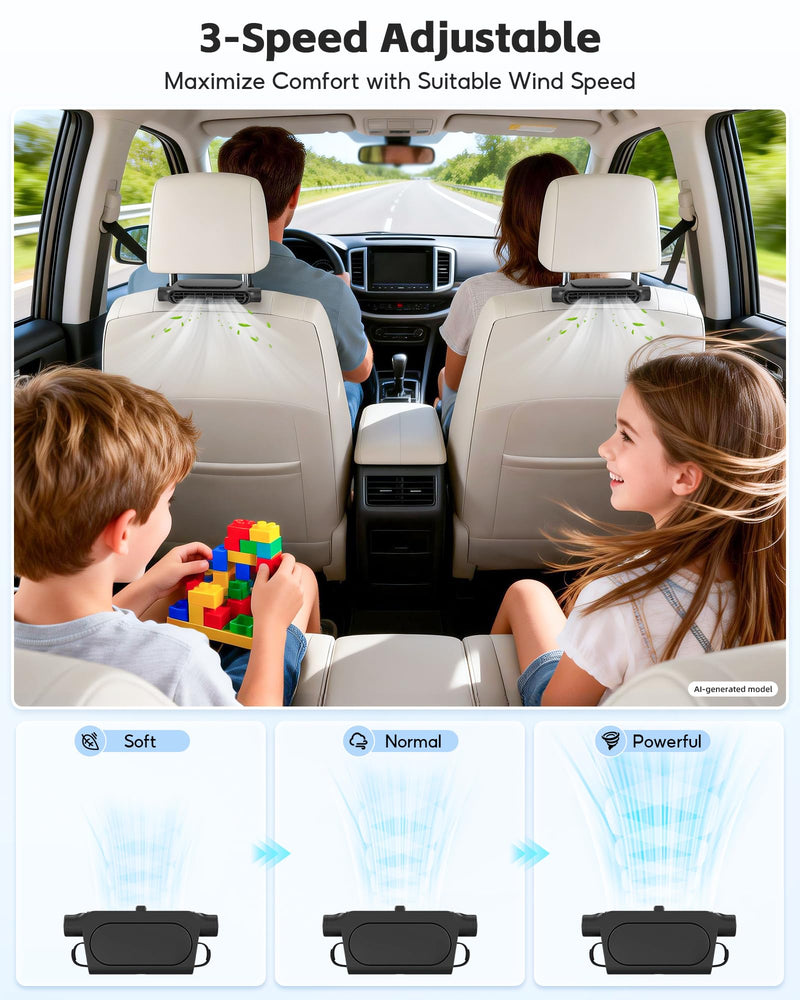 2Pack Car Seat Fan, Bladeless Dual Airflow, USB Powered for Car Headrest | For front & back car seats, no built-in battery, non-rechargeable, 3 Speed quiet, fits 4.92–6.9 in headrest posts