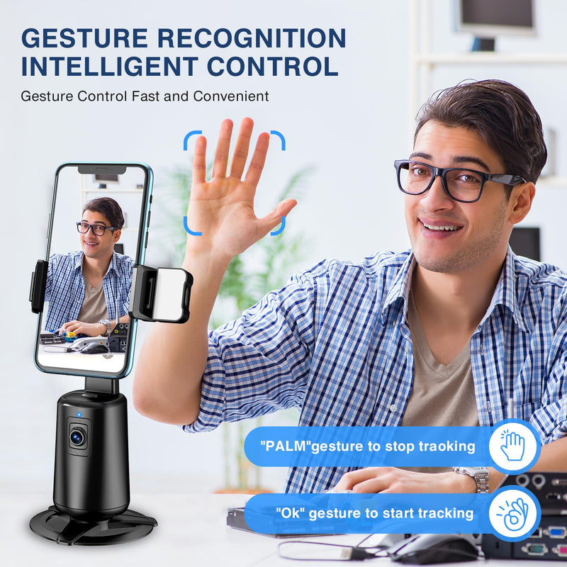 [AUSTRALIA] - Auto Face Tracking Tripod 360° Rotating Auto Tracking Phone Stand, No App, Phone Camera Stand with Remote and Gesture Control, Rechargeable Smart Shooting Stand for Live Video Recording Tiktok Black 