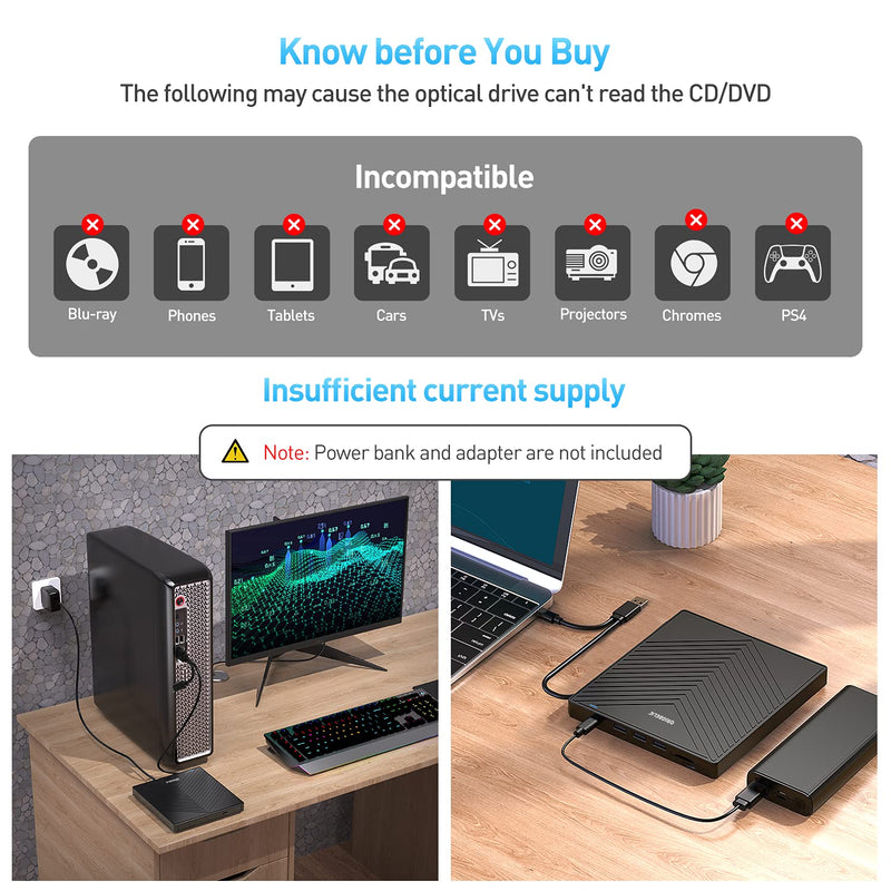 ORIGBELIE External CD DVD Drive, USB 3.0 & 4 USB Ports & 2 TF/SD Card Slots | Ultra Slim CD DVD ROM Player Burner Reader Writer Rewriter Optical Disk Drive for Laptop PC Mac OS Windows 11/10/8/7 Linux 5.6" x 6" x 0.7"