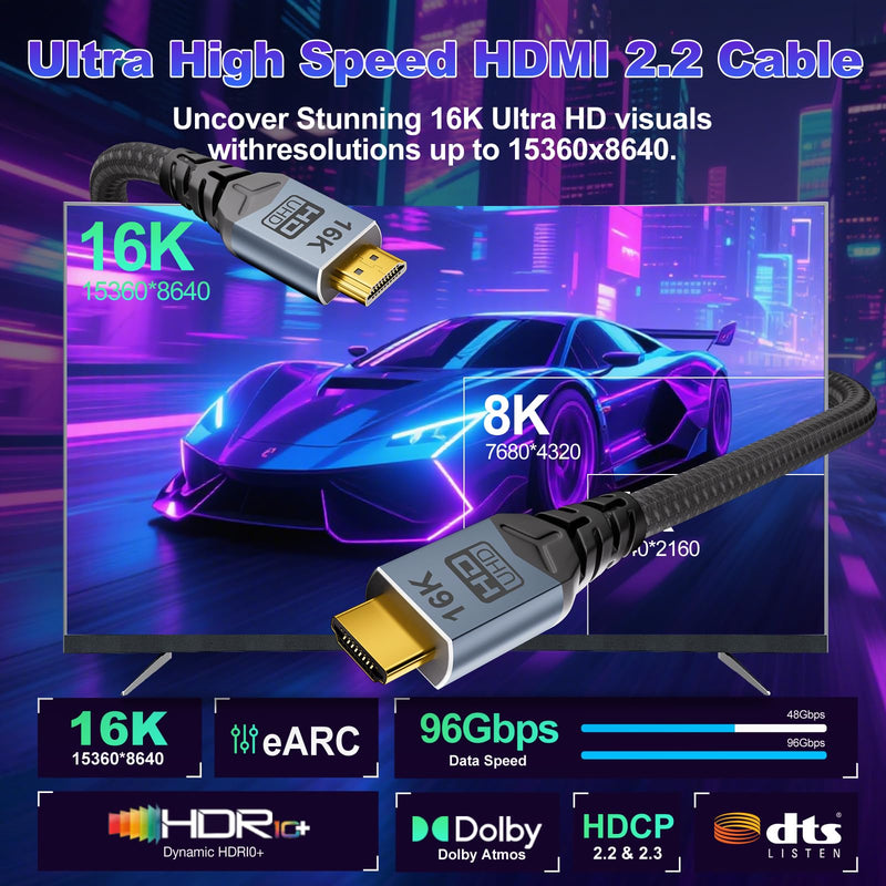 hdmi to hdmi Cable, HDMI Cable 16K Ultra High Speed,HDMI2.2 Cable 15FT,96Gbps Braided HDMI Cord,16K@60Hz 8K@240Hz 4K@480Hz,eARC,/Dolby Atmos/VRR,HDCP 2.2&2.3 - Compatible for HDTV/PS5 5M/16.5FT
