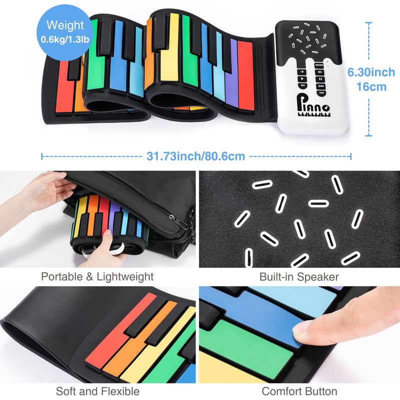 [AUSTRALIA] - 49 Key Roll Up Keyboard Piano, Portable Digital Electric Foldable Piano Keyboard, Rechargeable, 8 Tones, 6 Educational Demo Songs, for Beginners Gift (Rainbow) Rainbow 