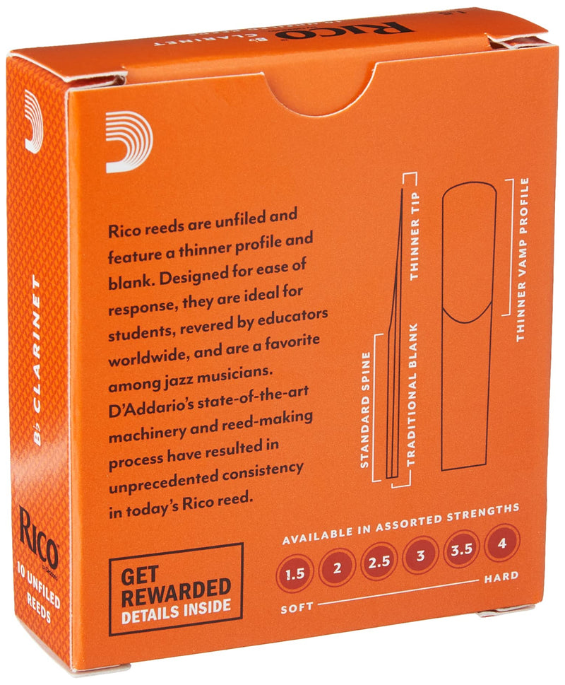 Rico Bb Clarinet Reeds - RCA1015 - Strength 1.5, 10-pack