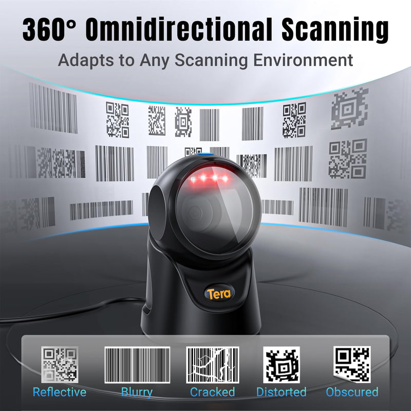 Tera Barcode Scanner Handsfree Omnidirectional: Desktop 1D 2D QR USB Wired Adjustable Angle Plug and Play Bar Code Reader for POS Supermarket Retail Store Mobile Payment Model 9700 Black