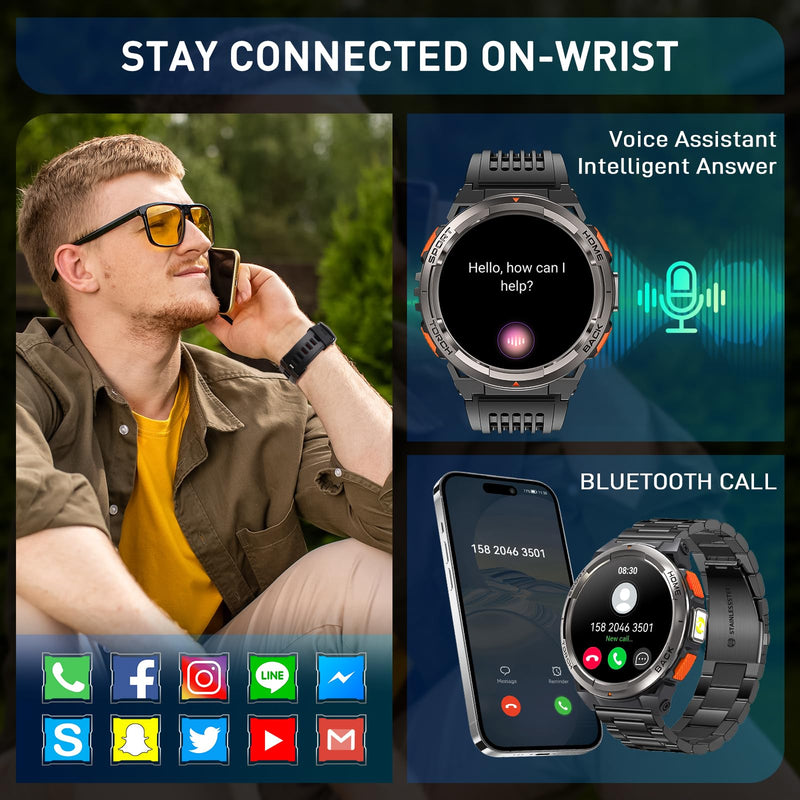 Military Smart Watches for Men with LED Flashlight Compass 3ATM Waterproof | Tactical Rugged Smart Watch with 1.45" HD, Sports Fitness Tracker with Heart Rate/SPO2/Sleep Monitor for Android & iPhone KE5-Orange Button