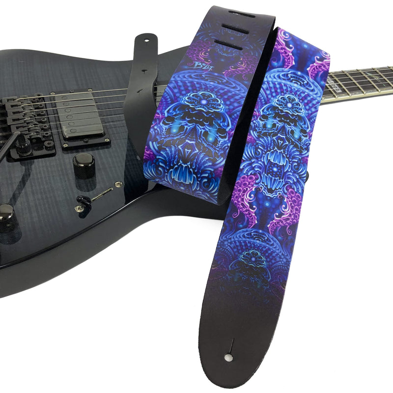 Perri's Leathers, Official David Bolt Prosperity Mandala Licenced Leather Guitar Strap, Direct to Leather Series, Anti-Slip, Adjustable from 42.5" to 56" Inch, Compatible w/All Button Lock Systems 56" Purple