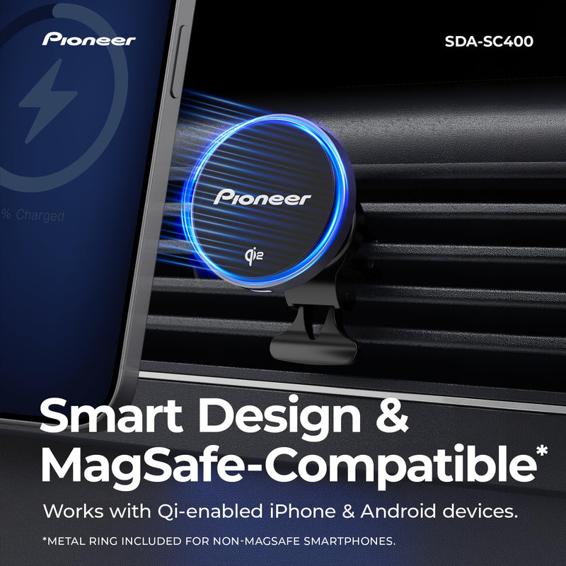 Pioneer Qi2 MagSafe Wireless Car Charger and Phone Mount | MagSafe Compatible, Air Vent Mount, Blue Illumination, Includes Metal Ring MagSafe Wireless Charger