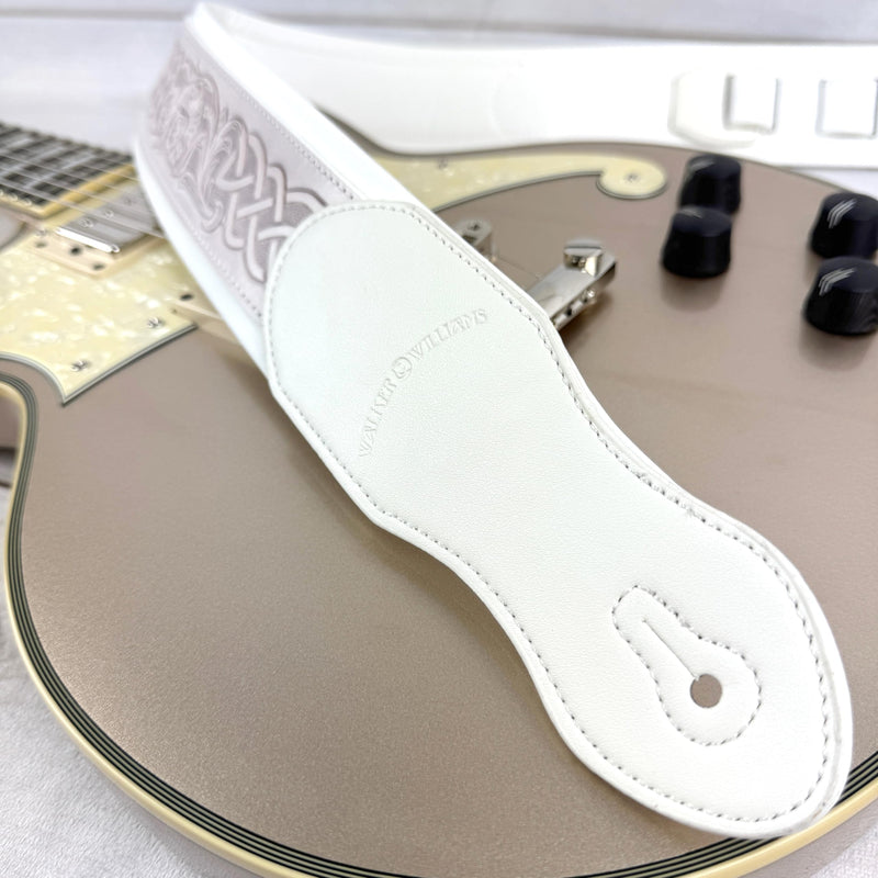 Walker And Williams KB-05-WHT Aged White Celtic Knot Full Grain Carving Leather Padded Strap With Arctic White garment leather Backing For Acoustic, Electric, And Bass Guitars