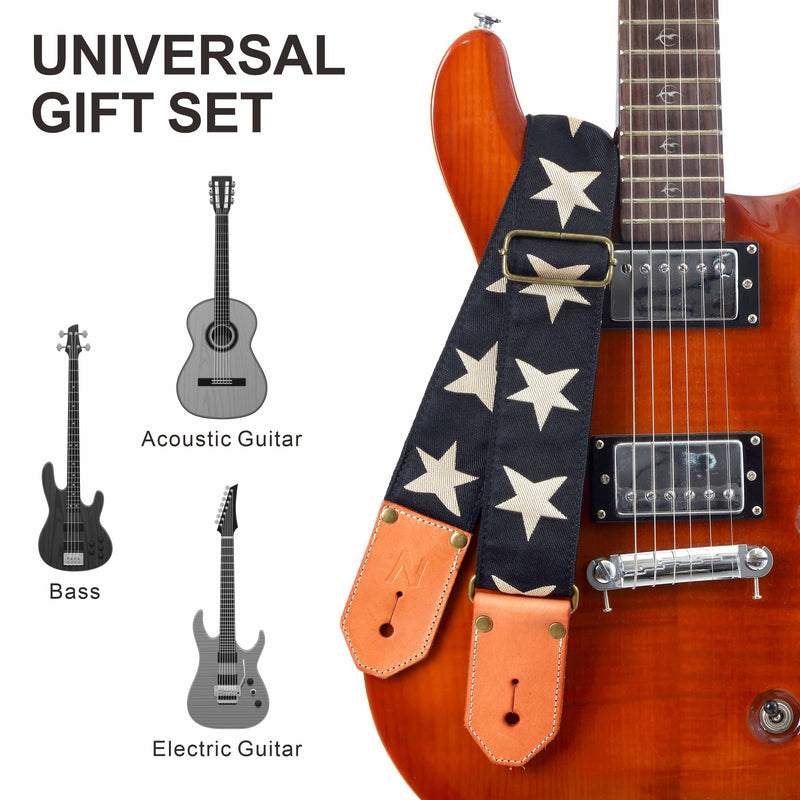 Nefelibata Cool Woven Guitar Strap -Cotton Guitar Straps with Thicked First Layer Vegetable Tanned Cowhide Leather Ends for Acoustic, Bass, Electric, Best Gift for Your Love Guitarists(Star) Star