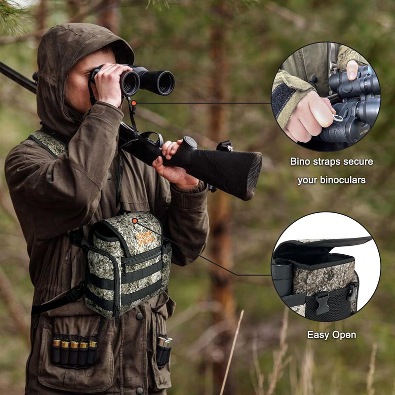 Binocular Harness Chest Pack, Bino Case with Rangefinder Pouch & Rain Cover, Bino Straps Secure Your Binoculars, Binocular Pack for Bird Watching, Hunting, Travel, Sports New Black Camo