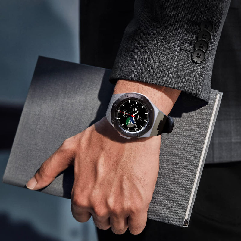 Luxury Case Designed for Samsung Galaxy Watch 4 Classic 46mm 2021, Rugged Military Protective Metal Bumper Case with Tactical Silicone Band for Men Silver Silicone