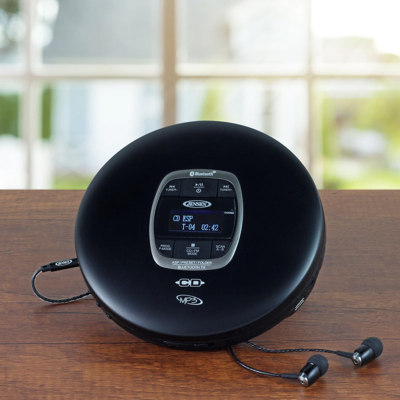 Jensen Portable CD Player Bluetooth 5.0 for Car with FM Transmitter, MP3 CD Playback, 60 Sec- Anti-Skip, Bass Boost, Rechargeable CD Player, Stereo Sport Earbuds (Matte Black)