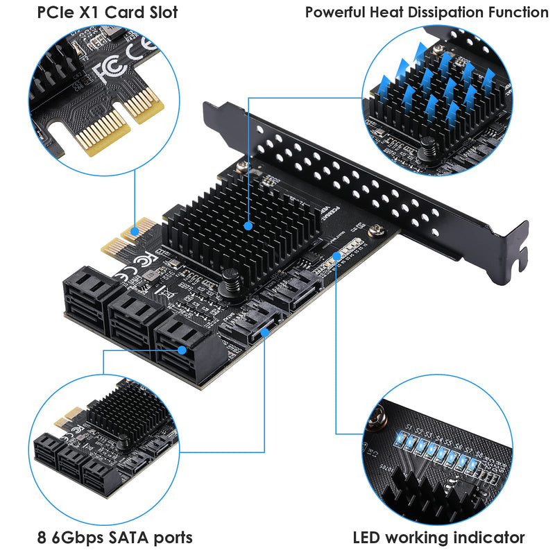 SATA 3.0 Controller Expansion Card, 8-Port PCIE SATA Card, PCI-E X1 3.0 Gen3 (6Gbps) Controller Card for Windows 10/8/Ubuntu (ASM1064 + JMB575)