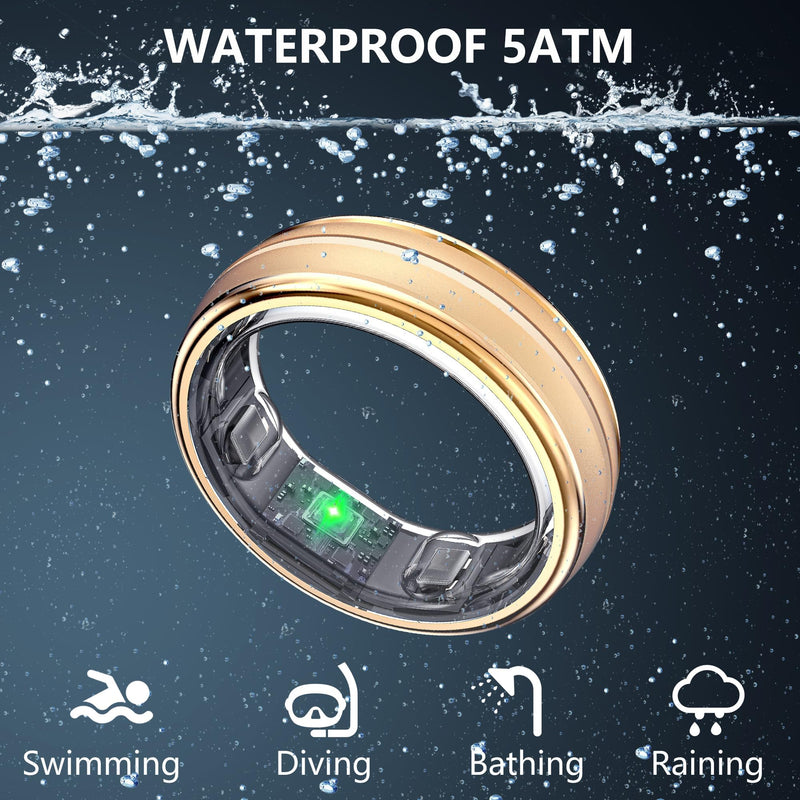 Smart Ring for Women Men - Fitness Ring with Sleep & Step Tracker | Waterproof Health Ring with Heart Rate Monitor, Compatible with iOS & Android, No App Subscription (Gold, 9)