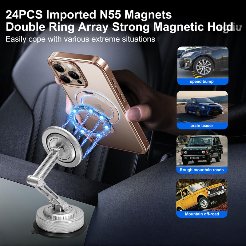 All-Metal Alloy Long Arm Magnetic Suction Cup Car Phone Mount(Silver) | Strong Powerful Magnetic Heavy-Duty Windshield Dash 360° Mechanical Rotation Cell Mobile Phone Vehicle Bracket for All Cars Silver