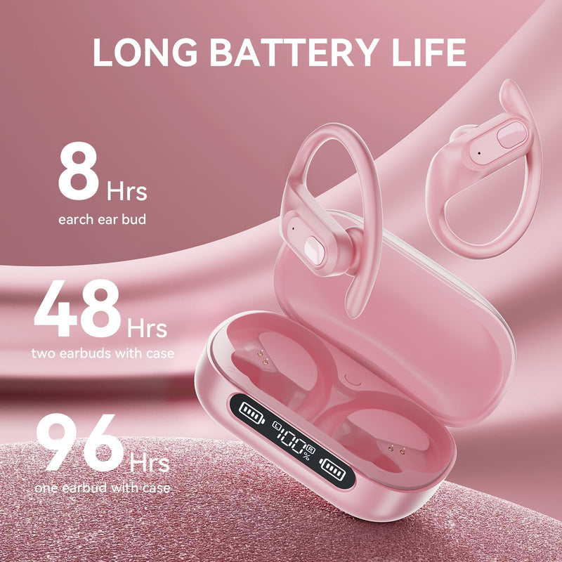 occiam Active Noise Cancelling Wireless Earbuds Bluetooth Headphones Ear Buds 96Hrs Playback Clear Call Waterproof Earphones with Ear Hook Microphones for Sport Running Pink