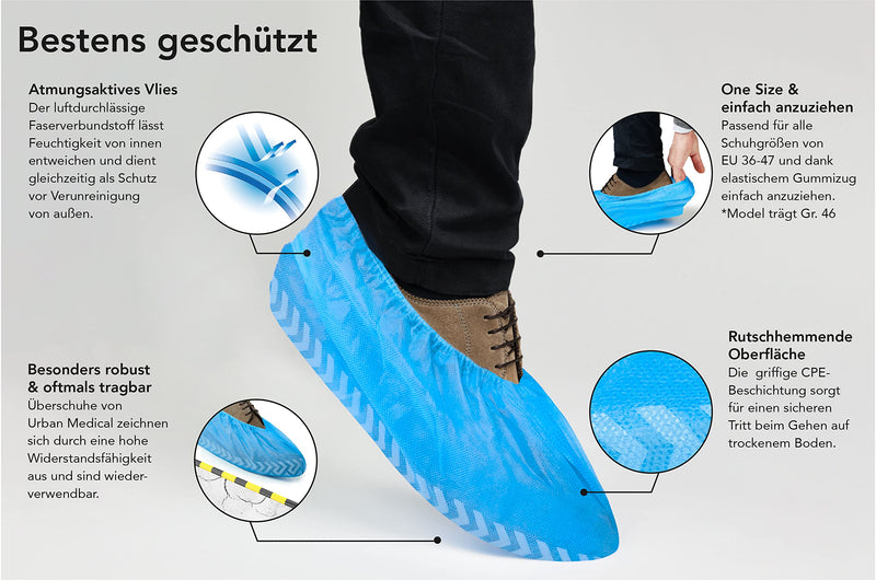 URBAN MEDICAL 100 x Breathable 6 g Disposable / Reusable Shoe Covers with Non-Slip Sole - Safe Step - Tear-Resistant and Puncture Proof - Overshoes for Indoor and Outdoor Use - One Size