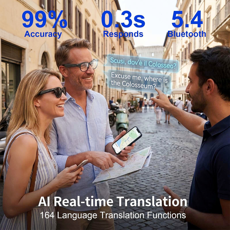 AI Smart Glasses with Camera, 8MP HD Video, Real-Time Translation | Photo Capture,Object Recognition,80min Video Time,Open-Ear Music, Bluetooth Calls, AI Assistant Black