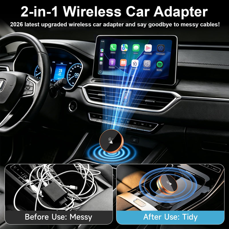 2-in-1 Wireless CarPlay Adapter for iPhone & Android Device, CarPlay Dongle Convert Wired to Wireless, Bluetooth & Wi-Fi, Plug & Play, Zero Latency, Compatible with USB/USB-C (Orange) Orange