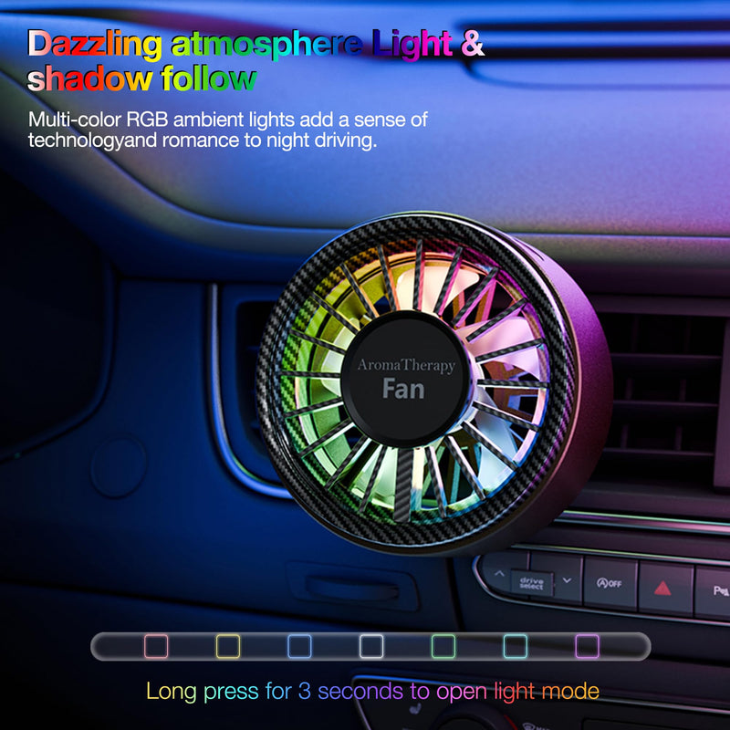 Mini Portable Car Fan, USB Small Clip Fan for Car Vent with Colorful Lights, Powerful 3 Speed with Detachable Car fragrance, 360° Rotate Air Circulation for Vehicle, Van, Truck, SUV, RV Black-2