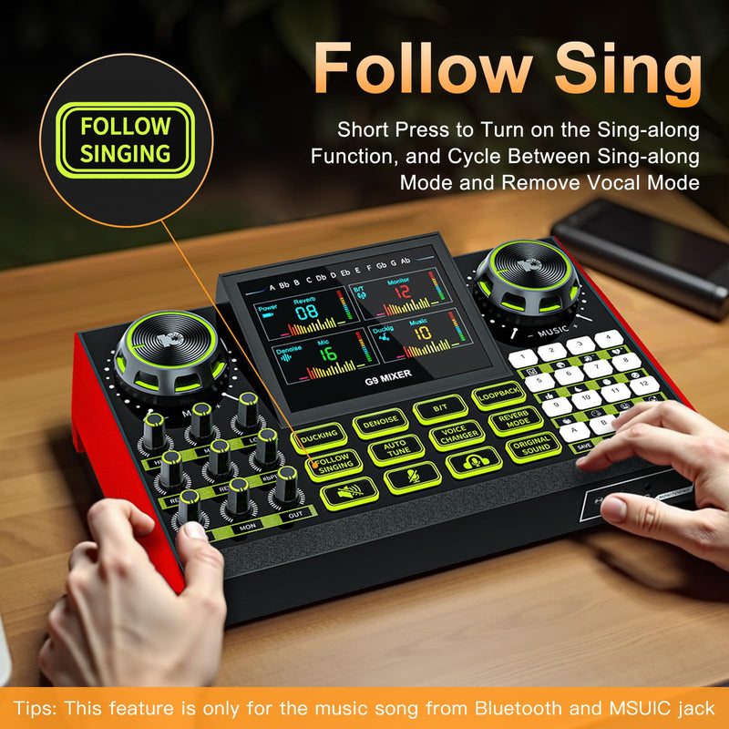 Audio mixer, suitable for live streaming, singing, and gaming on computer/phone; soundboard for 3.5mm condenser microphone; podcast mixer with live sound card, noise reduction, and one-touch mute G9