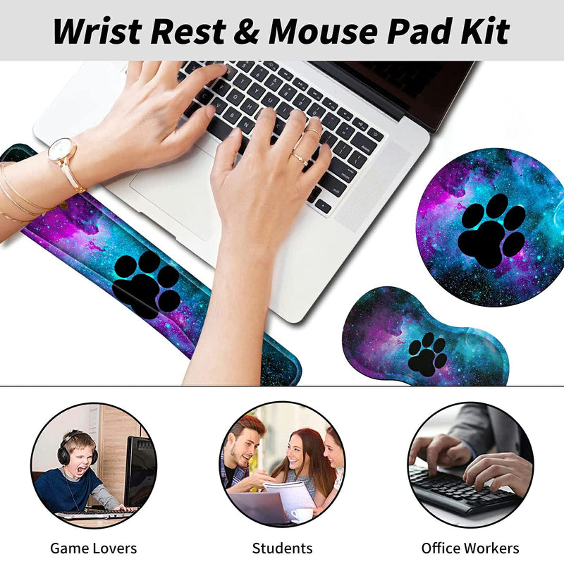 Mouse Pad Wrist Support Keyboard Wrist Rest Combo+Cup Coaster [4-in-1] , Easy Typing Pain Relief, Memory Foam Gel Elbow Cushion Mousepad Set for Computer Laptop Office Home - Paw Galaxy