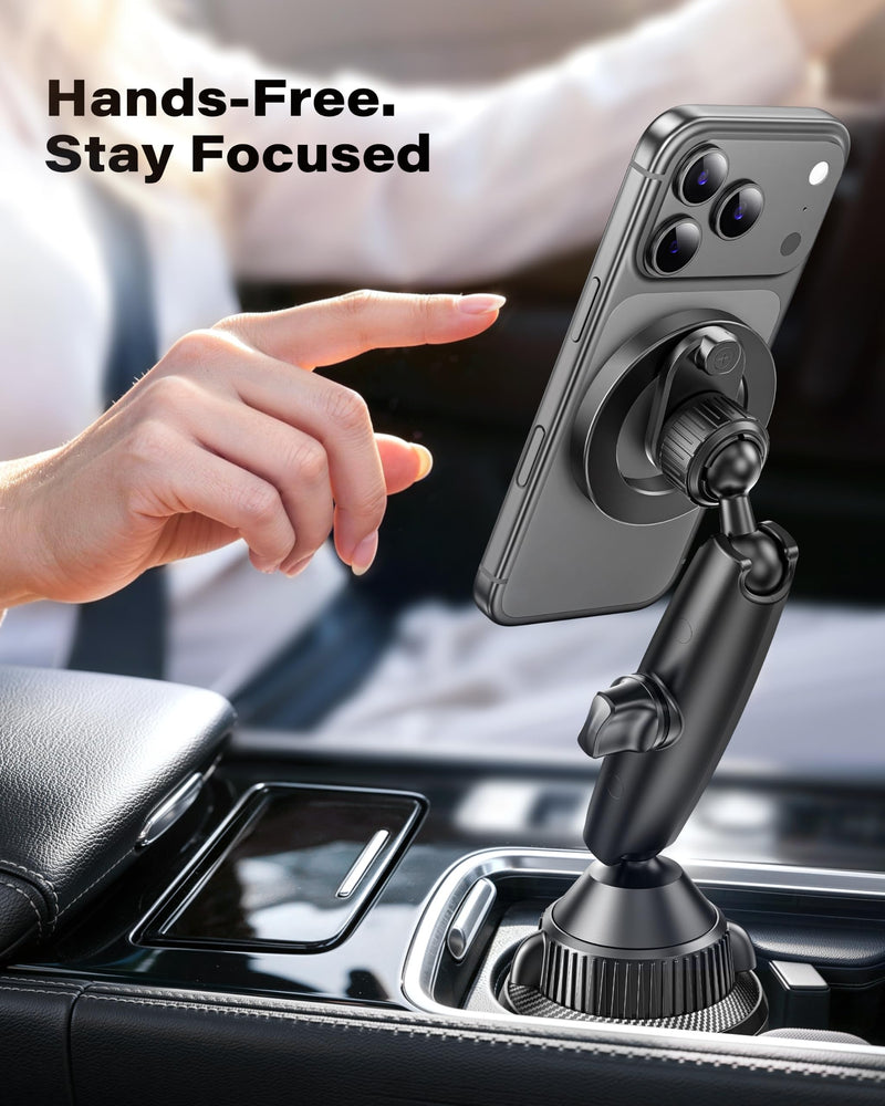 APPS2Car Magnetic Cup Holder Phone Mount, Tri-Pivot Adjustable Long Arm | 17 N54 Magnets, Fits 3"–4" Cup Holders, 17mm Ball Joint, Compatible with MagSafe iPhone, Samsung, Smartphones