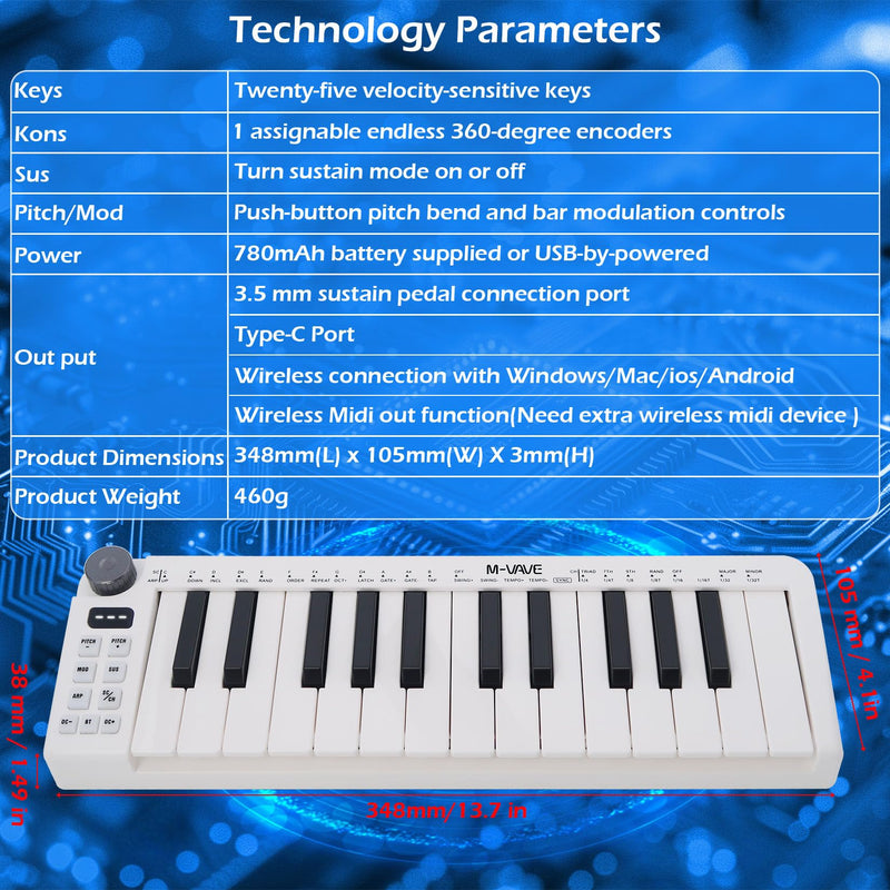 M-VAVE 25 Keys Mini Keyboard – Professional Beat Maker and Keytar for Keyboard Music Production Builtin Battery Wireless Connect White Mini no PADS