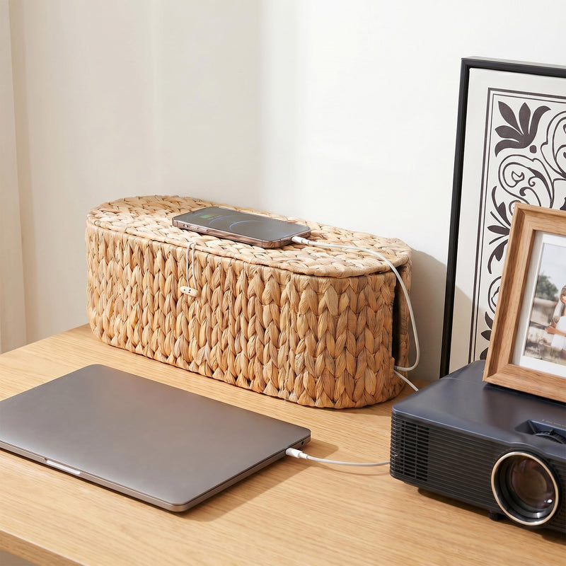 Set of 2 Cable Management Box, Handwoven Cord Hider Box with 3 Open Slots | Cable Organizer Box with Lockable Lid, Cord Storage Box to Hide Power Strip, Router, USB Hub, TV Wires for Home, Office Water Hyacinth