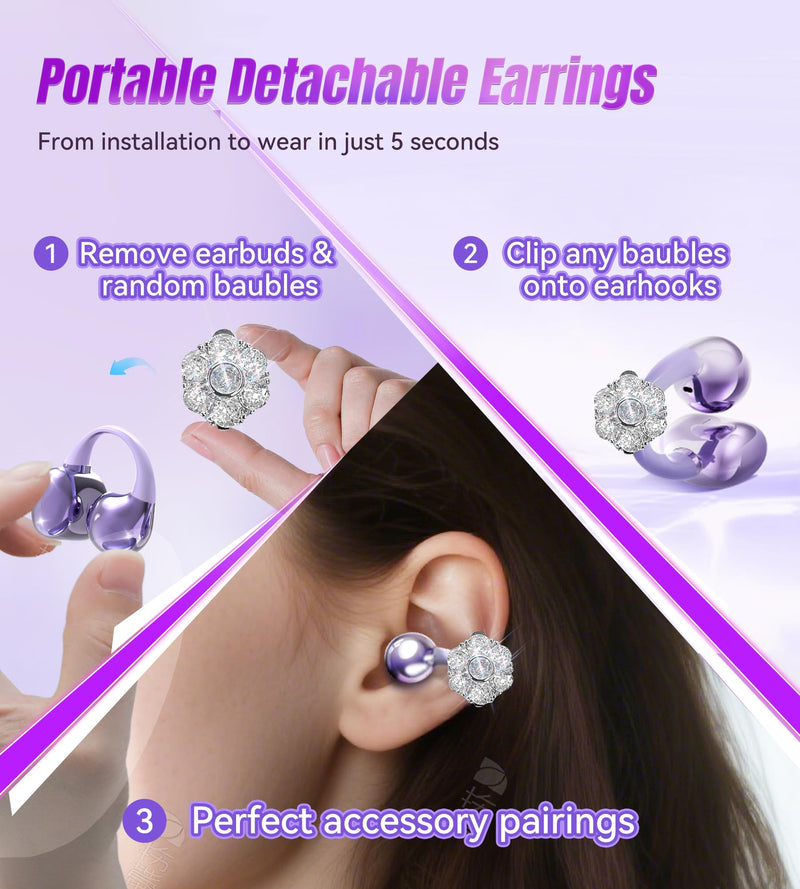 King Lucky Clip on EarbudsKing Lucky Clip-on Earbuds Jewelry Wireless Bluetooth 5.4 with Detachable Flower Earrings