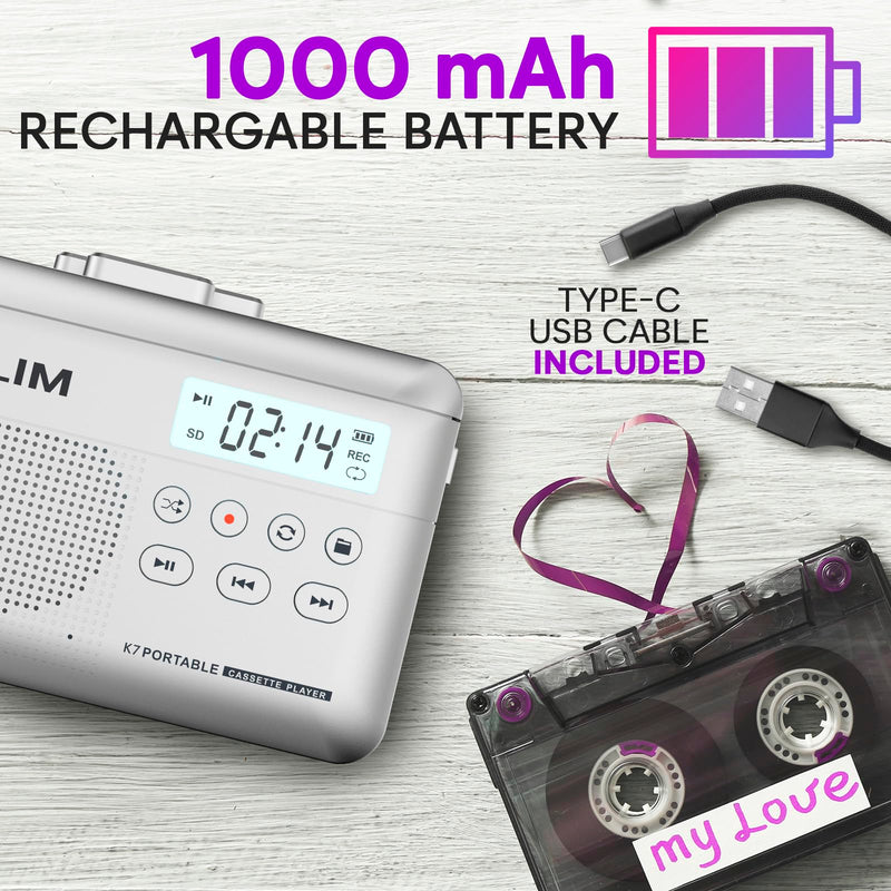 [AUSTRALIA] - KLIM K7 Cassette Tape Player - Cassette to MP3 Converter - Portable - Built-in Microphone & Speaker - Rechargeable Battery - Earphones - 16GB SD Card - Silver 