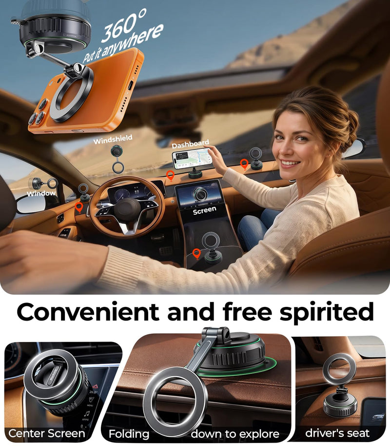 Rorhxia Car Phone Holder for Magsafe, [Enjoy Convenience, Flexibility, Stability], Foldable Vacuum Magnetic Phone Mount for Dashboard Windshield for Your Car Fit iPhone 17/16/15/14/13/12 Pro Max Dashboard/Windshield