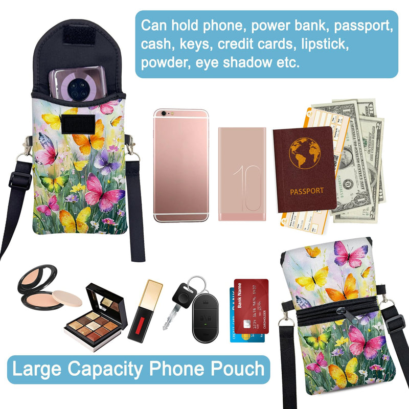 Neoprene Cell Phone Sleeve Pouch Case Bag with Crossbody Strap Neck Lanyard for Women 7.5 X 4.3 in Flower Butterfly Flower Butterfly 1