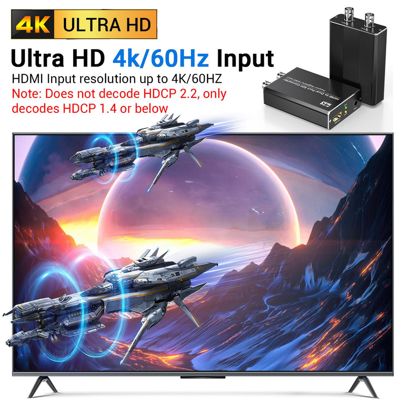 4K/60Hz HDMI to SDI Converter, Support Dual Port SDI Outputs Simultaneously, Compatible with 4Kx2K/60Hz HDMI 2.0 Input and 3G-SDI/HD-SDI Output 4K HDMI to SDI