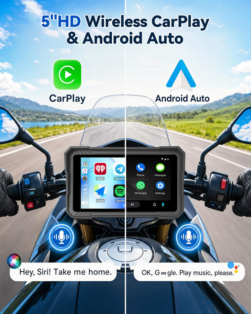 UNITOPSCI Motorcycle CarPlay Screen,5“ Waterproof Touchscreen, Portable Carplay/Android Auto GPS Navigation for Motorbike, Support Dual Bluetooth,S-IRI,G00gle Assistant with Digital Wired Controller 5'' with Digital Wired Controller