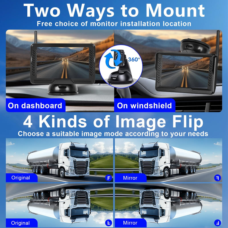 Wireless Reversing Camera System with 5 inch Split Screen, IP69K Waterproof Backup Camera with Night Vision, Support add 2nd Wireless Rear View Camera for Trailer, RV, Trucks, Farm Vehicle