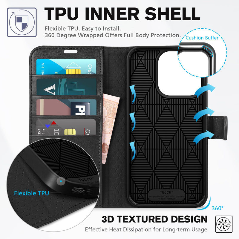 TUCCH Case for iPhone 15 Pro Wallet Case, RFID Blocking [4 Card Holder] Kickstand [Shockproof TPU Inner Shell] PU Leather Magnetic Protective Flip Cover Compatible with iPhone 15 Pro 6.1" 2023, Black