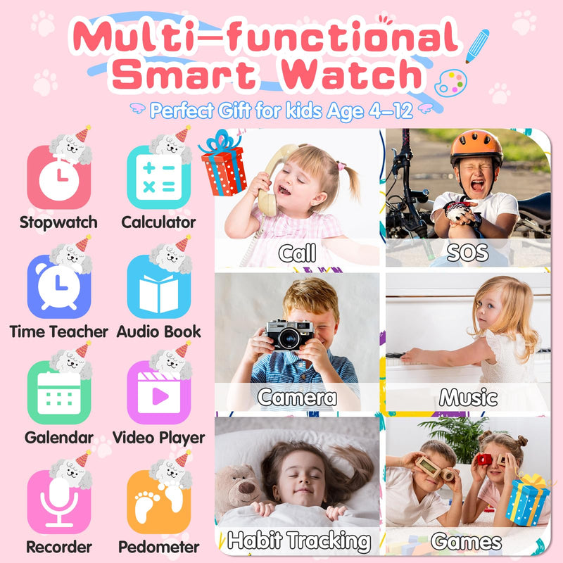 4G Kids Smart Watch – Smartwatch for Kids with Call SOS Music Camera Video Alarm Pedometer Calculator Stopwatch Educational Games, Smart Watch Phone with SIM Card for Boys Girls Ages 4-12(Pink)