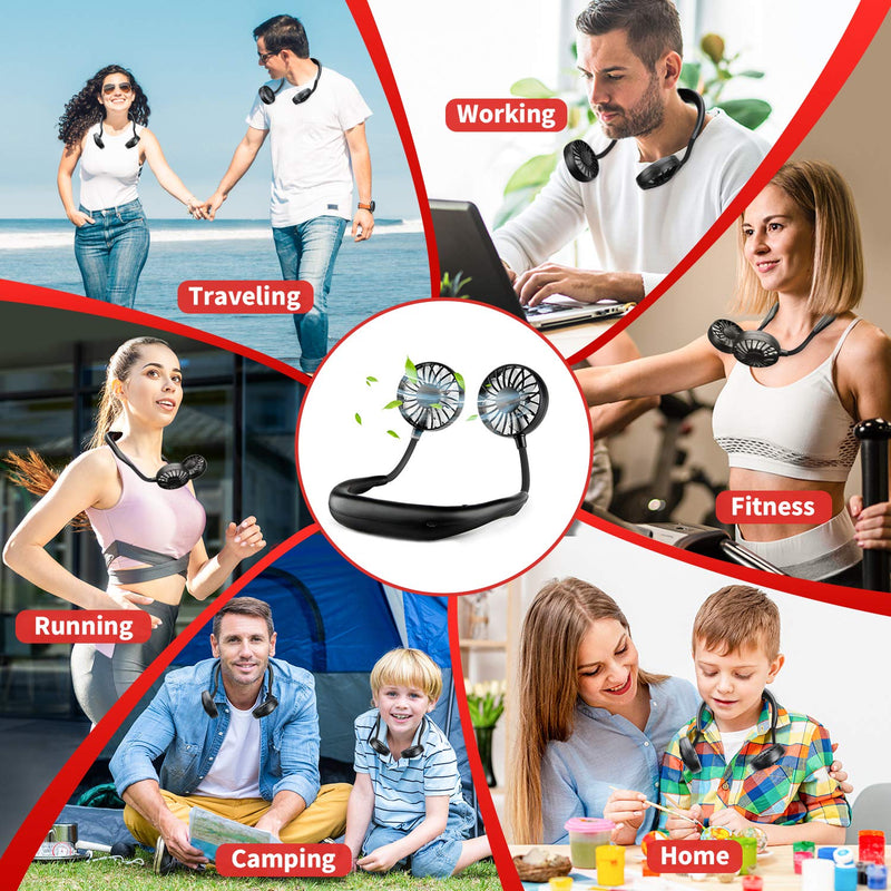 RJVW Portable Neck Fan, Hand Free Personal Hanging Neck Sports Fan USB Rechargeable (3 Speed Adjustable) Wearable Cooling Head Fan,360 Degree Free Rotation for Traveling, Sports, Office, Reading Full Black