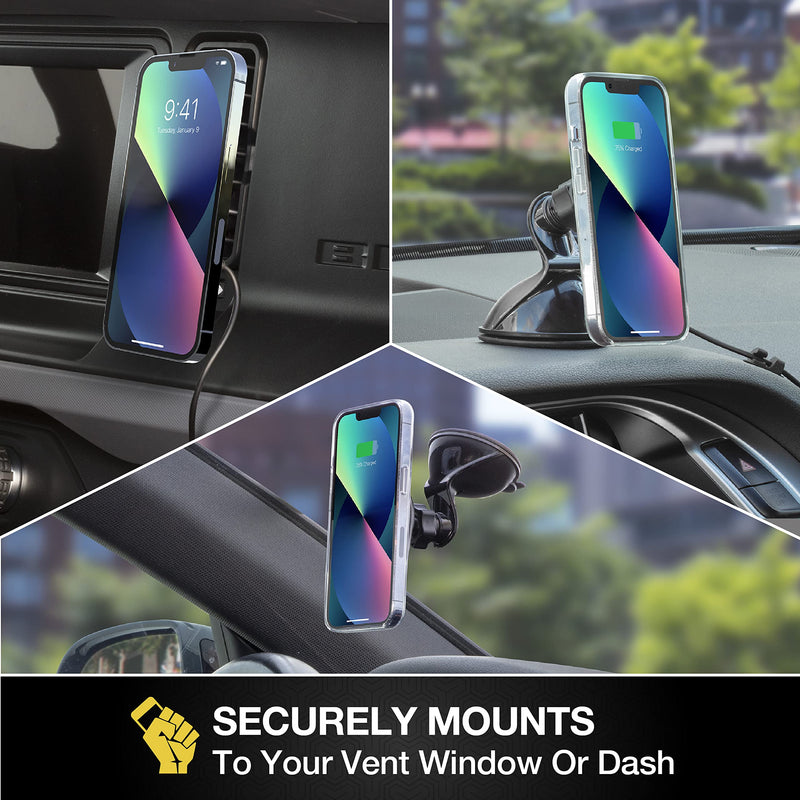 Scosche MQ5WDV-1 MagicMount Pro Charge5 Window/Dash/Vent 15W Magnetic, Qi-Certified, Wireless Charging Phone Mount, Cell Phone Holder for Car Compatible with MagSafe, iPhone, Galaxy and Qi Devices Window / Dash / Vent