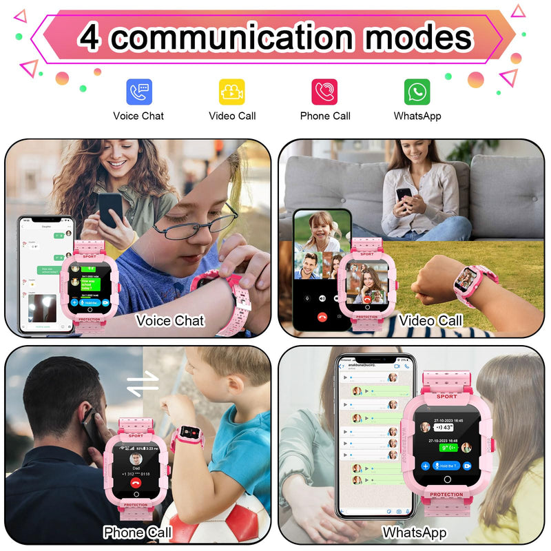 Wonlex 4G GPS Smart Watch for Kids with SIM Card, 1.4" Touch Screen Kids Smartwatch for Boys Girls Gift, Kids Phone Watch with Video Calls/Voice Chat/Camera/Music/Alarm/SOS/Pedometer Pink