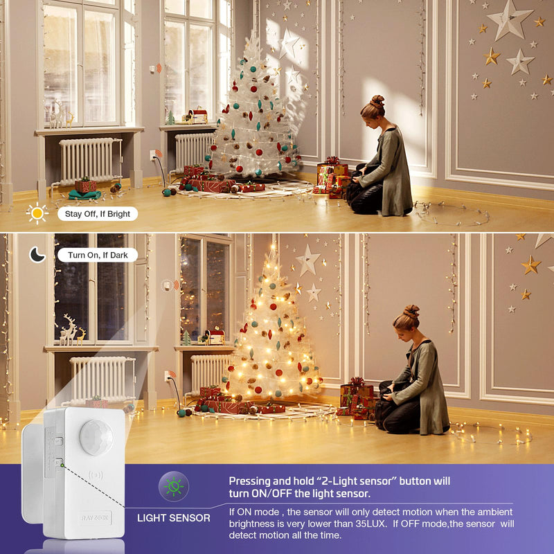 [AUSTRALIA] - RAYZEEK Wireless Motion Sensor Control Outlet with Light Sensor,No WiFi/No APP, 2 PIR Sensor Switch Control 1 Plug for Christmas Tree Lights,Fans,Household Appliances,10A/1100W 2 Motion Sensor+plug 
