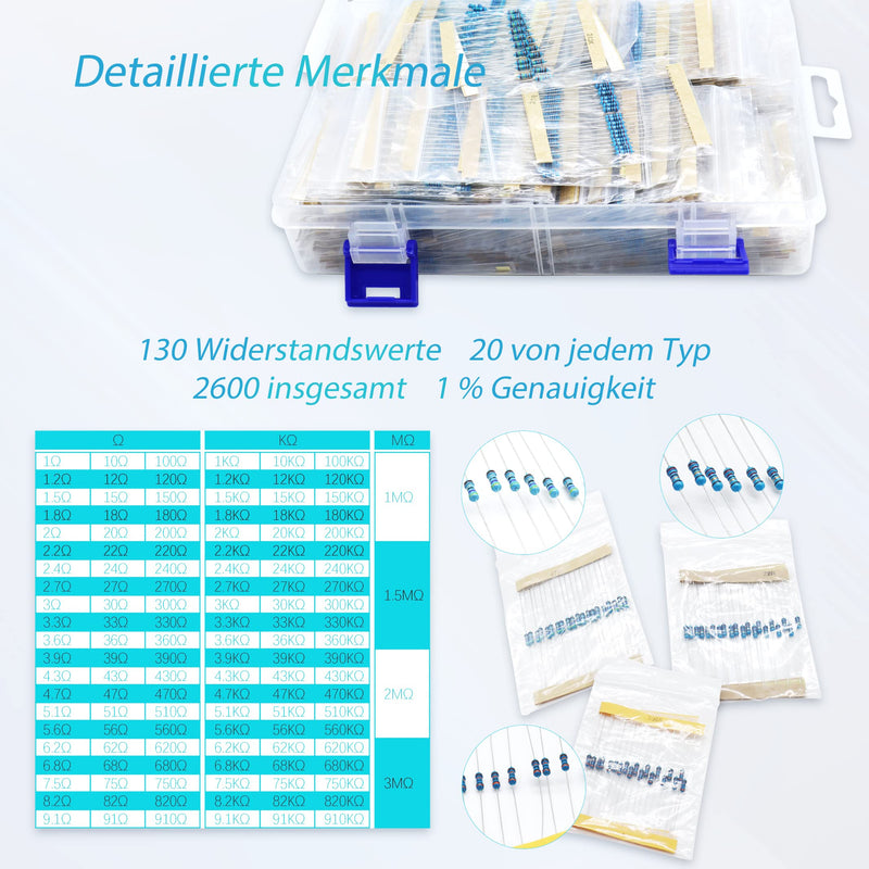 [AUSTRALIA] - KUBOWAI Resistor Combination Kit, 1 Ohm-3M Ohm, 1/4 Metal Film Resistor Kit (130 Value 2600 Pieces) 