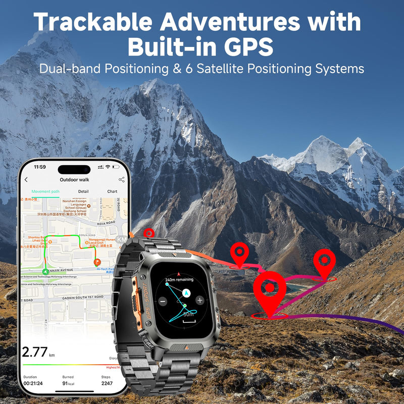 GPS Smart Watch for Men (Answer/Make Calls), 2.01'' Military Rugged | Compass Smartwatch with 10-Day Battery, Heart Rate, Sleep Tracking, 100+ Sports Modes, 2 Straps
