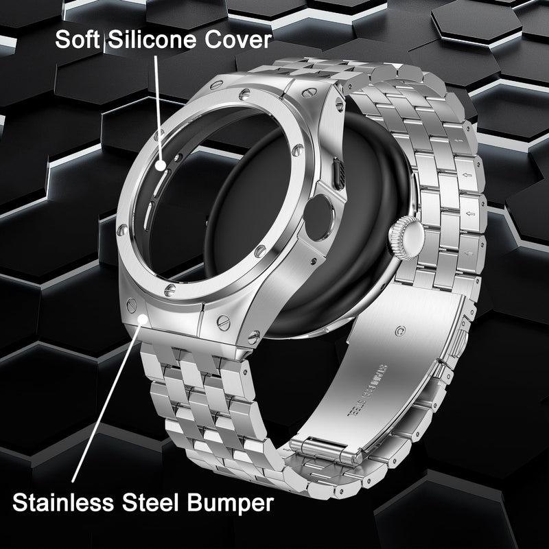 Stainless Steel Case with Band Compatible for Google Pixel Watch 3 45mm /Pixel 3/2/1 41mm, Rugged Metal Wristband Strap with Protector Bumper Cover for Men Silver Google Pixel Watch 1/2/3(41mm)