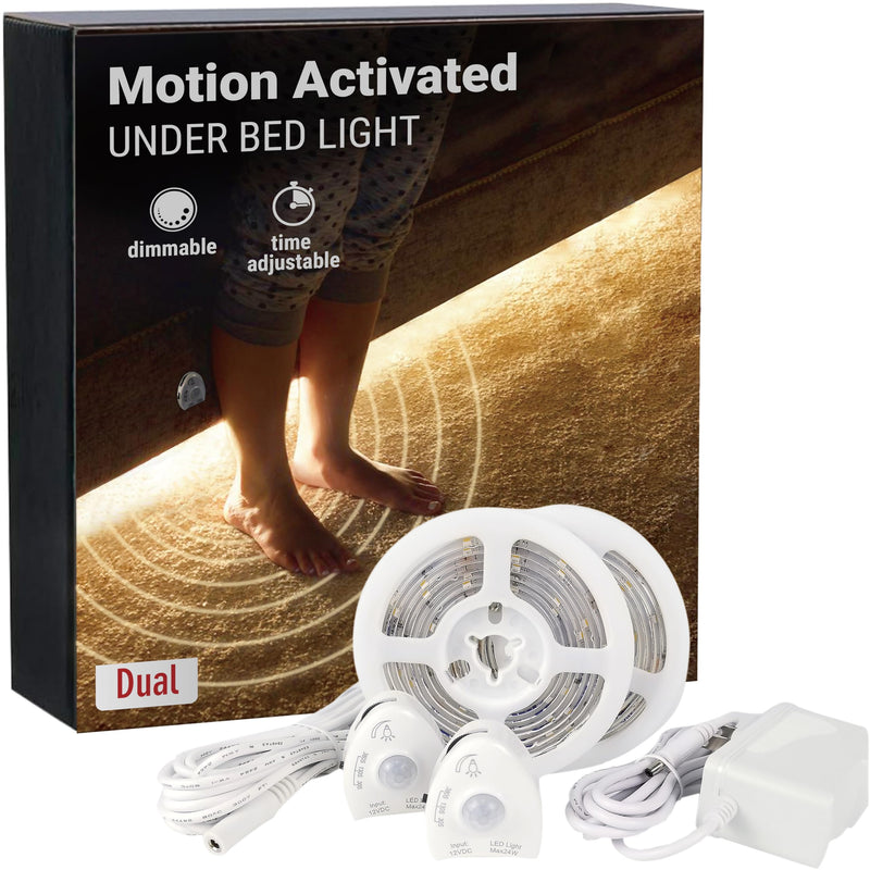 [AUSTRALIA] - Under Bed Lights Motion Sensor, Motion Activated Bed Lighting,12V Power Adapter, Dimmable LED Strip Night Light for Bedroom,Stairs,Crib,Cabinet,Warm White -2 x 5FT -Dual Kit Dual (5FT x 2) 