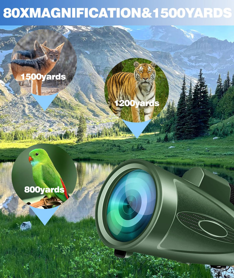 Monocular-Telescope 80x100 HD for Adults Larger Vision Monoculars High Powered Smartphone Monocular for Bird Watching Hunting Hiking Camping Wildlife Green