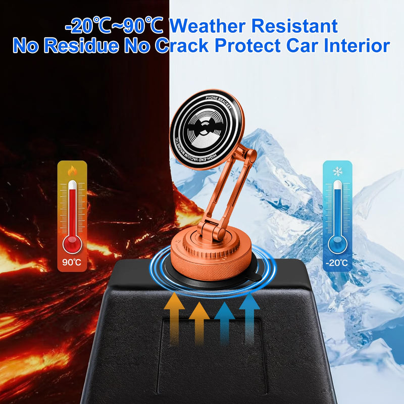 All-Metal Alloy Long Arm Magnetic Suction Cup Car Phone Mount(Orange) | Strong Powerful Magnetic Heavy-Duty Windshield Dash 360° Mechanical Rotation Cell Mobile Phone Vehicle Bracket for All Cars Orange