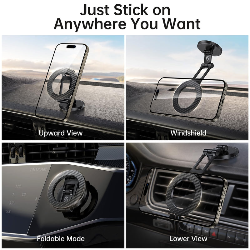 SYNCWIRE Fits MagSafe Car Mount Magnetic Phone Holder for Dash and Tesla | Strong Magnets, All Metal, Flexible 3 Axis, 360° Rotation, Dashboard and Screen Support, For iPhone 17 16 15 14 Pro Max Carbon Fiber