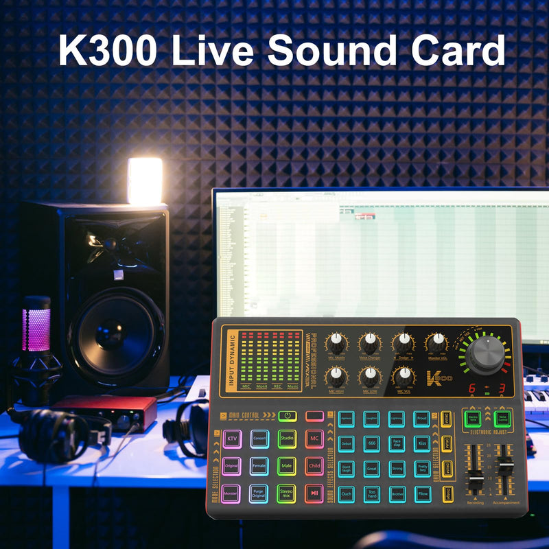 Docooler Professional Audio Mixer, K300 Live Sound Card and Audio with Multiple DJ Mixer Effects, 4 Voice Changes Live Sound Card with Cool 7 LED Light, Prefect for Podcasting/Gaming/Recording/PC